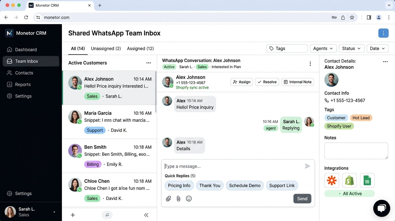 Multi-Agent Shared WhatsApp Inbox & CRM Integrations - Monetor CRM